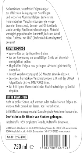 SONAX FelgenStar (750 ml) säurefreier Felgenreiniger zur effektiven Reinigung von Stahlfelgen & lackierten Aluminiumfelgen, Art-Nr. 02274000