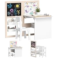 AIYAPLAY Kids Table and Chair Set, 3 in 1 Art Toddler Table and Chair Set with Storage Shelves, Foldable Blackboard, Whiteboard & Roll Paper, for 3-8 Years, White