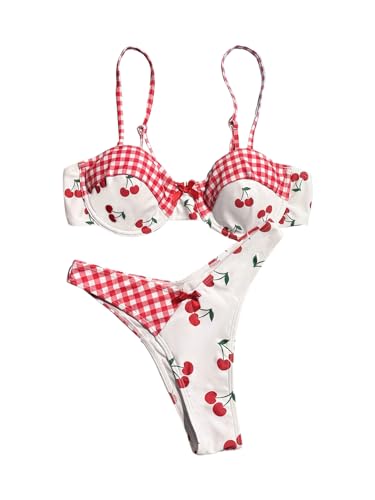 Milumia Women's 2 Piece Underwire Bikini Set Cherry Gingham Bow High Cut Push Up Swimsuit