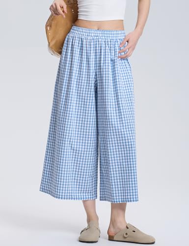 Image of LOMON Womens Wide Leg Capri Pants Gingham Plaid Culottes Summer Elastic Waist Palazzo Trousers Bottoms with Pockets