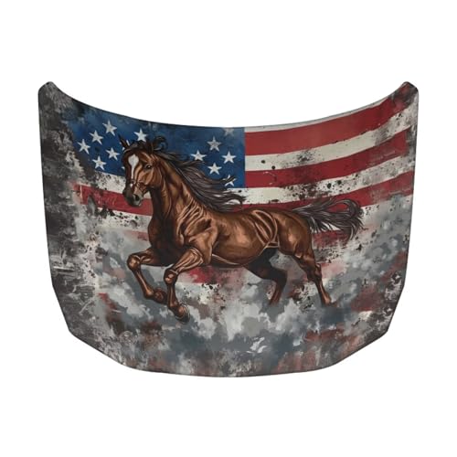 Image of Automotive Vehicle Hood Cover Flag Elastic Washable Horse and American Flag Print Vehicle Front Engine Hood Cover Wrap Car Accessories Compatible with Sedan SUV Trucks