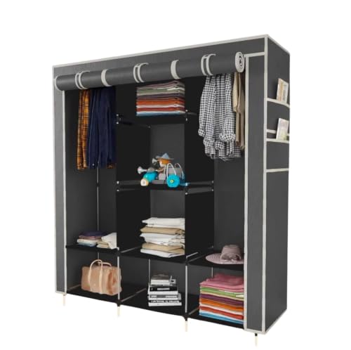 Image of Collapsible Wardrobe Closet for Clothes Storage, 8 Shelf Portable Fabric Almirah, Foldable Clothes Organizer with Plastic Frame, Space Saving Cupboard for Bedroom (Grey)