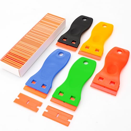 Raschietto Plastica 5 Pezzi con 100 Lame in Plastica Raschietto Vetroceramica Rimozione della Colla in Vinile Adesivi Residui per Piano Cottura in Ceramica Vetro Acciaio