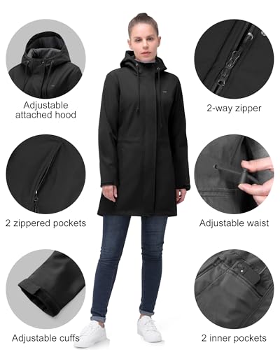 33,000ft Women's Softshell Long Jacket with Hood Fleece Lined Windproof Warm up Waterproof Windbreaker3