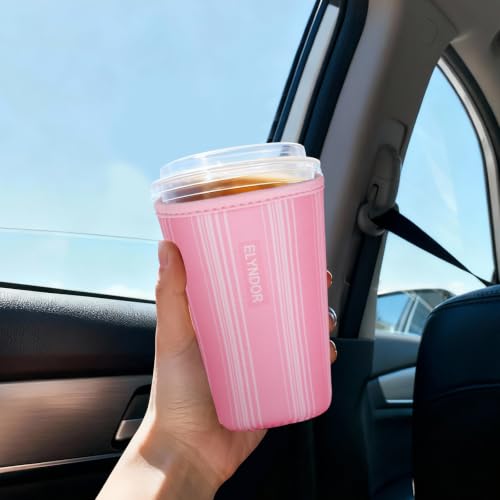 Image of Reusable Insulated Sleeve for Iced Coffee Cup, 3-Pack Coffee Neoprene Drink Sleeve for Cold & Hot Drinks, Beverage Holder for Iced Coffee (Blush Lines)