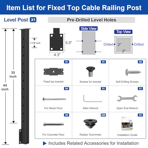 Image of BLIKA 36 inch Side Mount Cable Railing Posts, Stainless Steel, Level Drilled Side Fascia Mount Deck Post for Cable Railing Kit, Black Powder Coated Side Mount Line Posts
