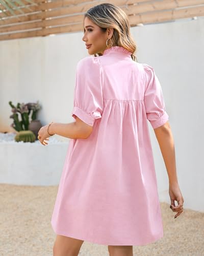 Image of YEXPINE Women's Ruffle Collar High Neck Mini Dress Puff Short Sleeve Cotton Babydoll Peplum Dresses with Pockets
