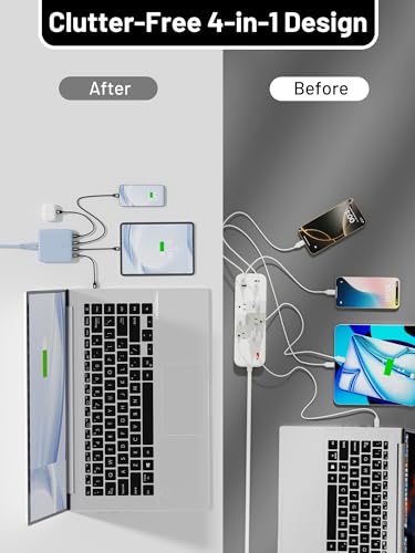 Image of USB C Charging Station 67W, 4-Port Slim USB C Charger Block for iPhone 17 /16 /15, MacBook Air /Pro with 5ft Extension Cord, 3 USBC, 1 USB-A, Fast Charging Desktop Charger for Home Office Travel, Blue