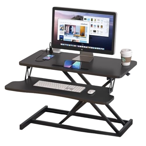 TVTKEスタンディングデスク 卓上天板幅80CM ガス圧昇降式デスク 高さ14〜51CM キーボードトレイ付き ガス圧昇降式デスク 耐荷重30kg オフィスワークテーブル テレワーク デスクワーク 座り過ぎ解消 在宅勤務 (ブラック【二層式USB空気圧モ