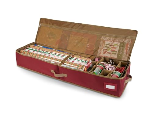 Covermates Keepsakes Gift Wrap Organizer - Holds up to 25 Rolls - Heavy Duty - Accessory Trays with Adjustable Compartments - Mesh Pocket - Holiday Storage, Red