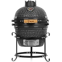 Kamir Estanterias BBQ-Toro Kamado Haiiro - Barbacoa de carbón vegetal (32 cm de diámetro, con termómetro, mango de madera, barbacoa de cerámica Kamado, mini barbacoa de carbón vegetal, mini barbacoa Kamado (gris)