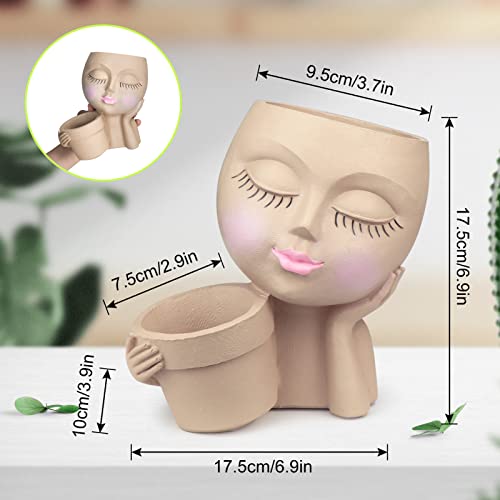 Hzdyopk Face Planter Pot - Double Flower Pots In One For Indoor & Outdoor Plant Diy Decoration, Cute Resin Cactus Planter Pot With Drainage Hole Closed Eyes(Beige) #TOP1