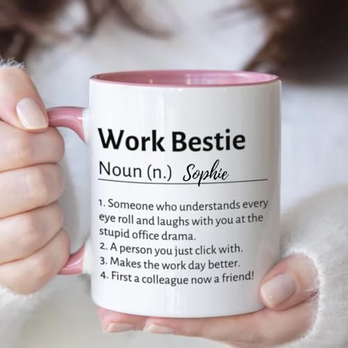 Work Bestie Mug, Custom Name Work Bestie Mug for Women, Funny Mugs for Coworkers, Funny Office Mugs, Gifts for Work Friends Coworkers, Employee Favorite Co Worker 11oz & 15oz Pink Handle Coffee Mug
