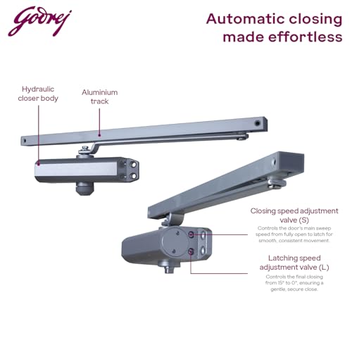 Image of Godrej Door Closer | Cerus Universal Door Closer | Door Weight Capacity : 85kg to 120kg | Max Door Width: 950mm - 1400mm | Adjustable Power Size 3-6 | Pelmet Arm Design | Silver | 3 Yr Warranty