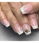 24 Pcs White French Press on Nails Xmas Green Leaves Fake Nails Medium Square Christmas Holly Fal...