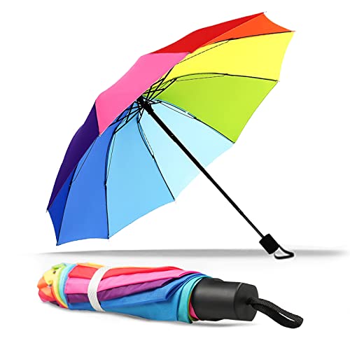 Gelasgo Compact Travel Umbrella - Portable Folding Windproof and Rainproof Rainbow Design 10 Ribs Strong and Fastened for Adult Men and Women All Seasons