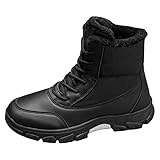 SPKFHD Men's fashionable short boots - thick-soled round-toe high-top snow boots with plush lining - laced closure - suitable for outdoor activities and work (BLACK,14)
