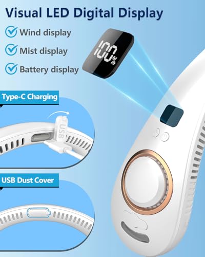 Image of Portable Neck Fans with Mist, Rechargeable 4-9H Lasting Neck Cooling that Blow Cold Air, 5 Speeds & LED display, USB-C Bladeless Folding Personal Mister for Kid Adult Indoor Outdoors Sports, White