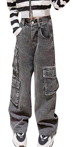 SEAUR Girls Wide Leg Jeans Elastic Waist Baggy Jeans Kids Fashion Casual Denim Pants Loose Denim Trousers with Pockets