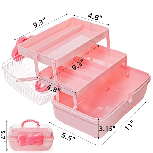 Image of Noamus 11 inch Three-Layer Multipurpose Storage Box, Clear Plastic Art Craft Organizer, Portable First Aids Case with Handle Trays for Kids, Sewing Makeup Nail Hair Accessories, Home School Office(Pink)