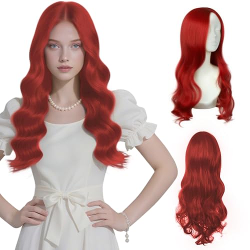 AUYAO Peruca Vermelho Brilhante, Peruca Ondulada Longa com 1 Rede de Cabelo, Peruca Ondas Longas de Fibra Resistente ao Calor, Perucas Mulher Menina para Cosplay Festa Diário