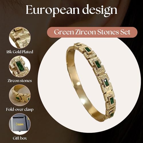 Green Zircon Bangle Bracelet - 18K Gold-Plated Vintage European Design - Stainless Steel Charm Bangle for Women - Designer Jewelry Gift Box3