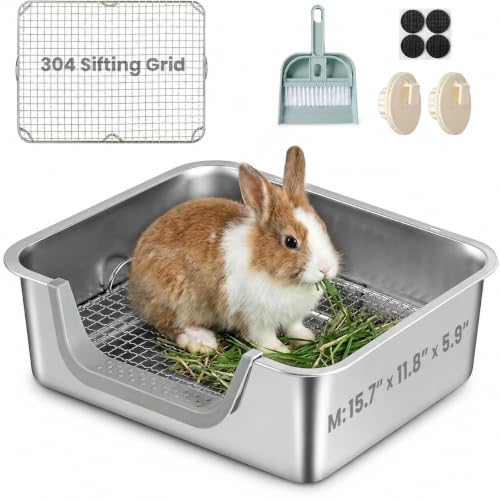 TIUUBT Rabbit Litter Box Extra Large Bunny Litter Box with 304 Stainless Steel Sifting Grid Safe Plastic-Covered Entry Edge & Hooks Easy to Clean and Odor Control (15.7 11.8 5.9)