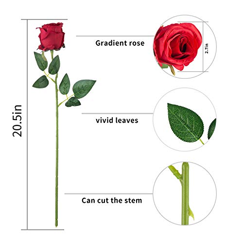 Flojery 10pcs Artificial Rose Flowers Long Stem Fake Silk Roses for DIY Wedding Bouquet Table Centerpiece Home Decor,Red - Thumbnail 6
