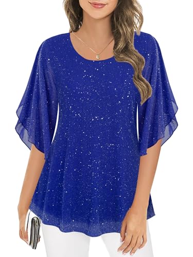 Ninedaily Sequin Tops for Women Party Night,Blue Sparkly Tops Going Out Semi-Sheer Mesh Layers Tunic Loose Fits Dressy Fit and Flattering Hide Tummy Blouses Elbow Length Sleeve Shirts Elegant L