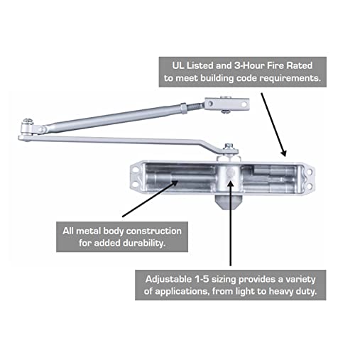 Brinks Commercial - Heavy Duty Commercial Door Closer, Aluminum Finish - Adjustable From Size 1 To Size 5 With A 180-Degree Opening Range #TOP1