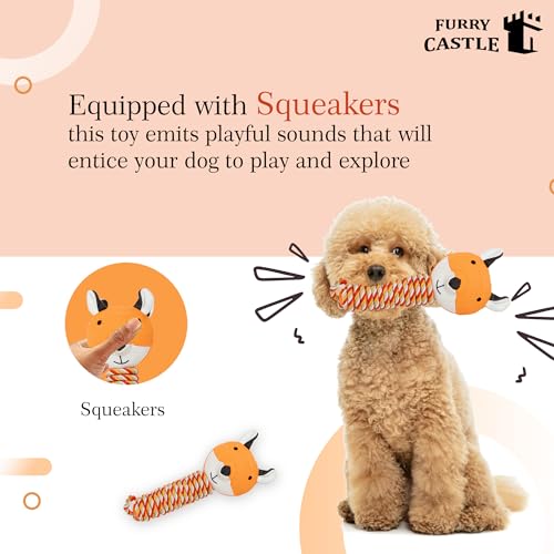 Image of Knitted Fox Handle with Rope Dog Toy 100% Polyester, Cotton Cord with Squeakers- Orange