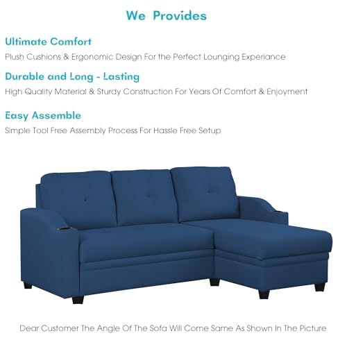 Image of Casaliving Ravonna RHS 4 Seater L Shape Corner Sofa Cum Bed for Living Room (Blue Fabric) Premium Fabric Sofa
