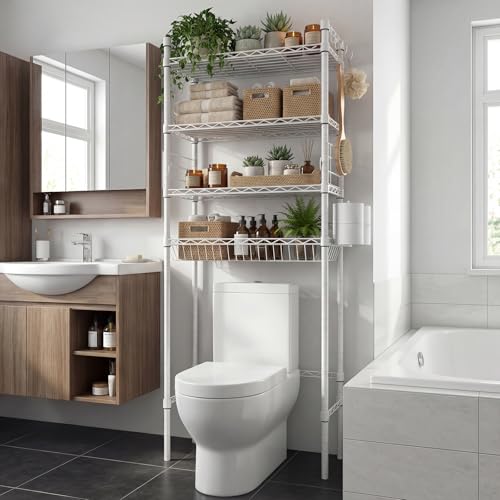 Image of Over The Toilet Storage Shelf - 4-Tier Adjustable Metal Bathroom Organizer Shelves, Freestanding Space Saver with Basket & Paper Holder, Bathroom Storage Rack Above Toilet for Laundry, White