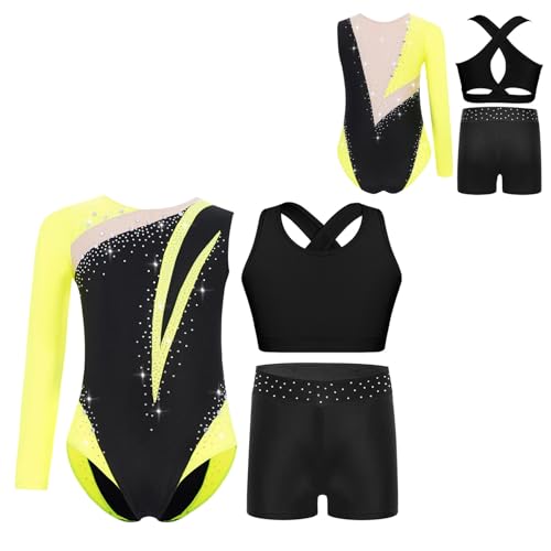 Unitard de gymnastique jaune fluorescent lustré au fini étincelant