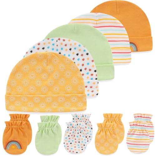 Newborn baby Cotton 5-Pieces Mittens And 5-Pieces Caps Sets2