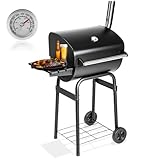 TecTake® Barbacoa de Carbón Portátil Con Tapa, Ahumador, Parrilla de Acero Inoxidable, Termómetro y Ruedas - Negro