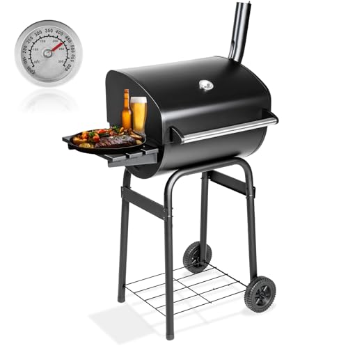 TecTake® Barbacoa de Carbón Portátil Con Tapa, Ahumador, Parrilla de Acero Inoxidable, Termómetro y Ruedas - Negro