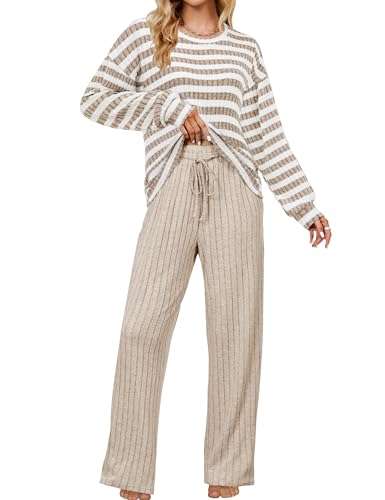 Image of Blooming Jelly Women Ribbed Long Sleeve Pajama Sets Fall Loungewear Pockets