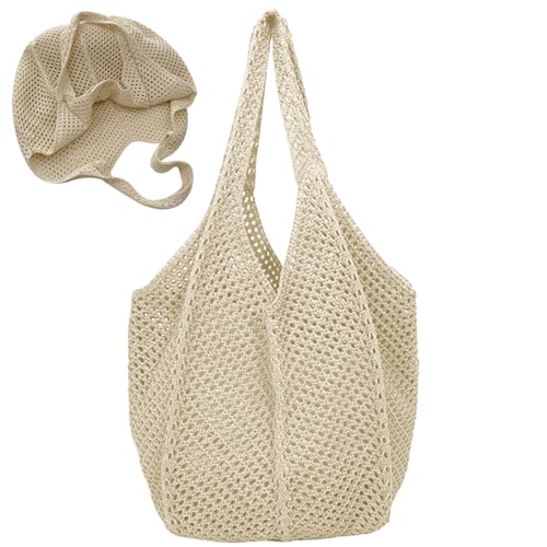 Banziaju Bolso de embarcadero de la playa de malla de crochet, bolso de hombro estético de carro de crochet de gran capacidad para compras de vacaciones de verano, beige