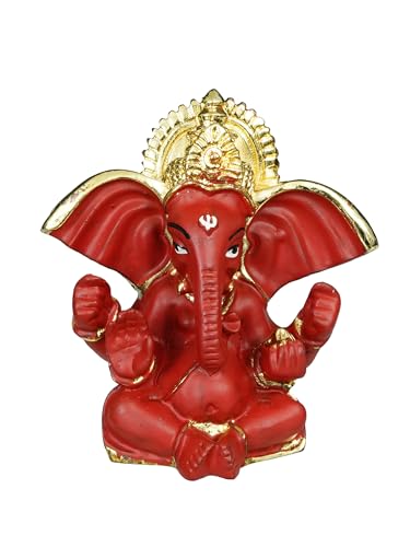 Image of eCraftIndia Golden and Red Polyresin Lord Ganesha Idol for Home, Temple, Office for Devotees, Family, Friends - Suitable for Diwali, Ganesh Chaturthi, Housewarming