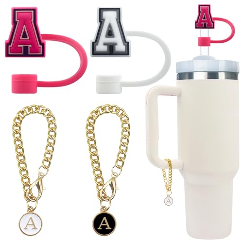 Velaco 4 PCS Initial Letter Charm Accessories and Straw Cover Pack- Chains with Initial Letter for Stanley 20 30 40 oz Tumbler with Handle