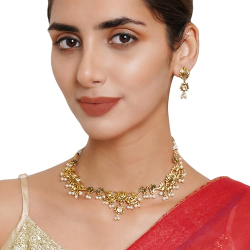 Image of VOYLLA Apsara Lotus Motif Filigree Gold Plated Brass Jewellery Set For Women, Jewellery Set For Women, Womens Gift, Gift For Her