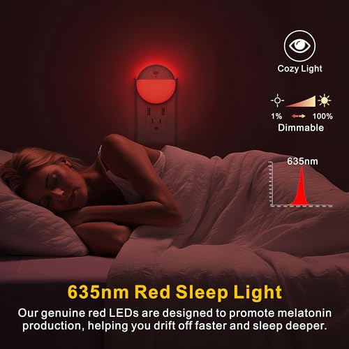 Image of YUNLEX 2 Pack Plug in Red Sleep Night Light with Motion Sensor and Dusk to Dawn Sensor, 3 Modes, Soft Glow, 0% Blue Light True Red, Dimmable, LED Lights for Bedroom, Sleep, Kids, Bathroom, Hallway