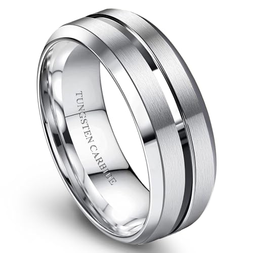 Jstyle Tungsten Wedding Rings for Men Silver Mens Wedding Band 8MM Mens Engagement Rings Groove Beveled Edges High Polish/Matte Finish Mens Promise Ring Comfort Fit Size 9