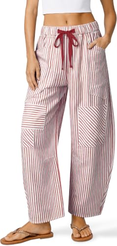 Image of TARSE Womens Striped Linen Barrel Pants with Pockets Y2k Patchwork