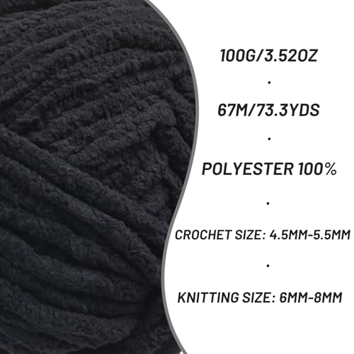 Image of 4 Pack Chunky Chenille Yarn for Crocheting,Baby Yarn for Crocheting Soft Blankets,Bulky Yarns for Crochet Amigurumi,400g (297yds) Fluffy Velvet Yarns for Hand Knitting (4 Black)