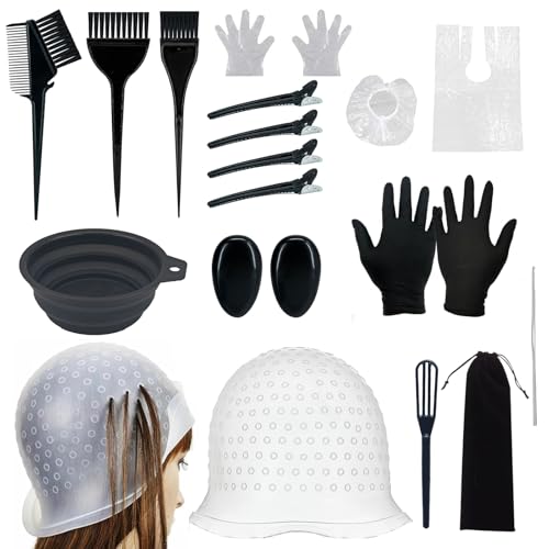 Kiuiom 21 Piezas Herramienta Colorear El Cabello,Gorro Silicona Resaltado,Kit De Pelo Tinte,Peluqueria Con Ganchos,Pelo Tazón,Peine,Guante,Cubre Orejas,Pinzas Cabello,Con Bolsa De Almacenamiento