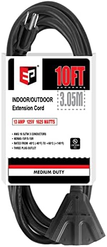 10-Foot Black Extension Cord With 3 Outlets – 16 Gauge SJTW Heavy Duty Power Strip 10 thumbnail image