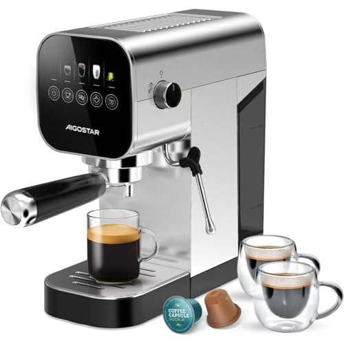 Aigostar Barista – Machine à café Expresso et Cappuccino, Compatible avec capsules et café moulu, 20 Bars, Écran Tactile Digital, 1 ou 2 tasses, Cafetiere avec mousseur à lait, 0,9 L, 1350 W, Inox