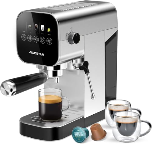 Aigostar Barista - Macchina da Caffè Espresso e Cappuccino, Compatibile con capsule e caffè macinato, 20 Bar, Schermo Touch, 1 o 2 tazze, espresso macchina caffè con vaporizzatore, 0.9L, 1350W, Inox